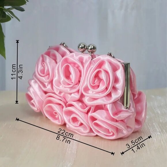 Prom / Wedding Pink Satin Roses Party Clutch Purse w/Rhinestone Handle & Chain - Picture 9 of 11